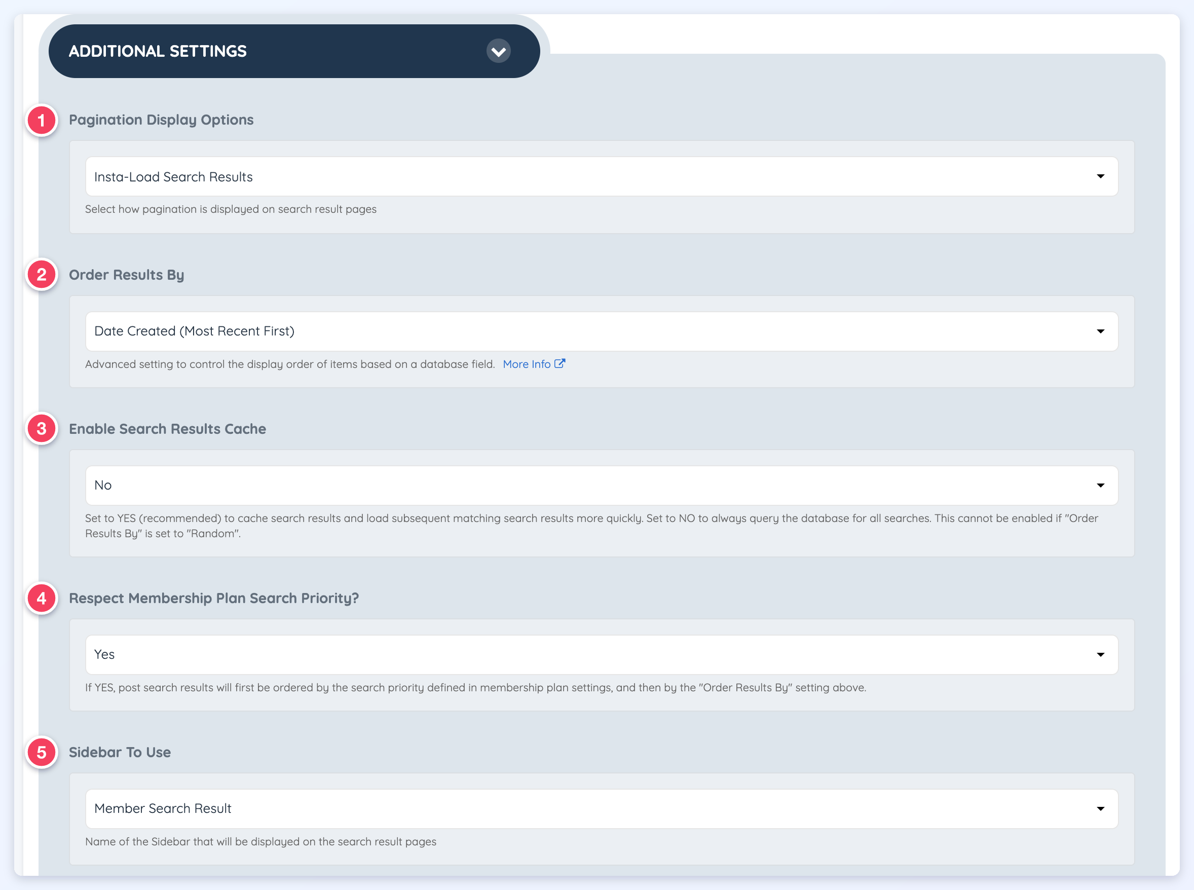 Search Results additional settings numbered 1 to 5, from Pagination Display Options to Sidebar To Use.