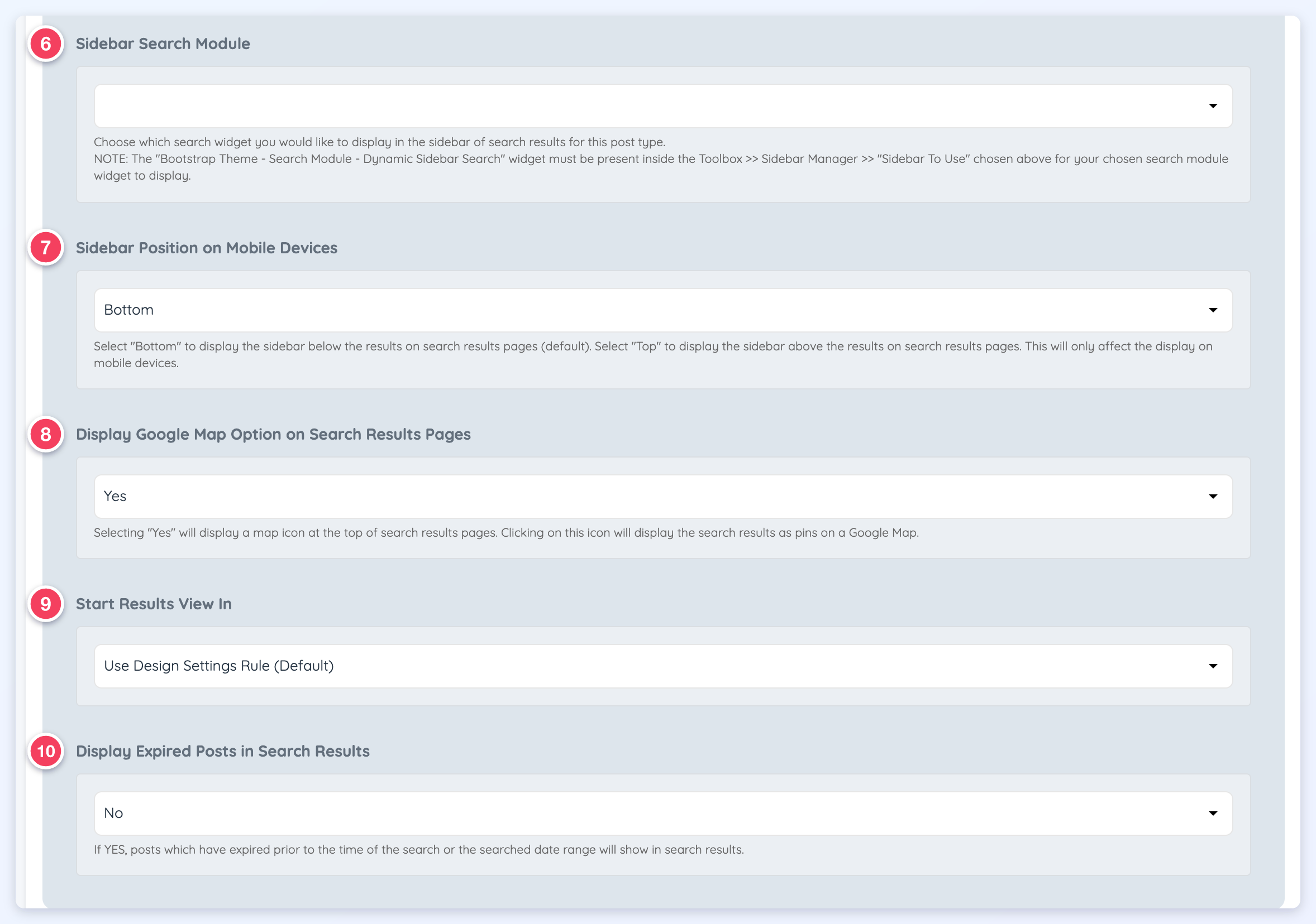 Search Results additional settings numbered 6 to 10, from Sidebar Search Module to Display Expired Posts in Search Results.