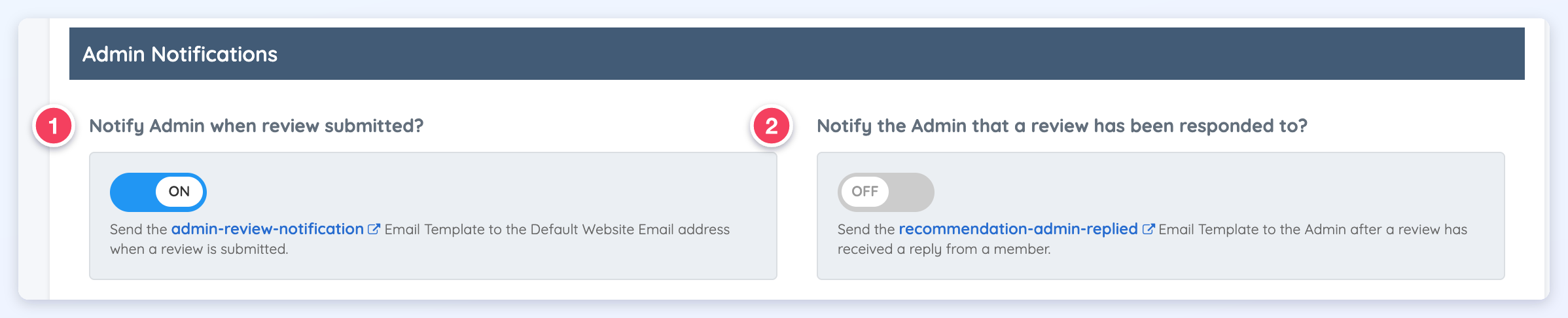 Admin Notifications settings numbered 1 and 2.