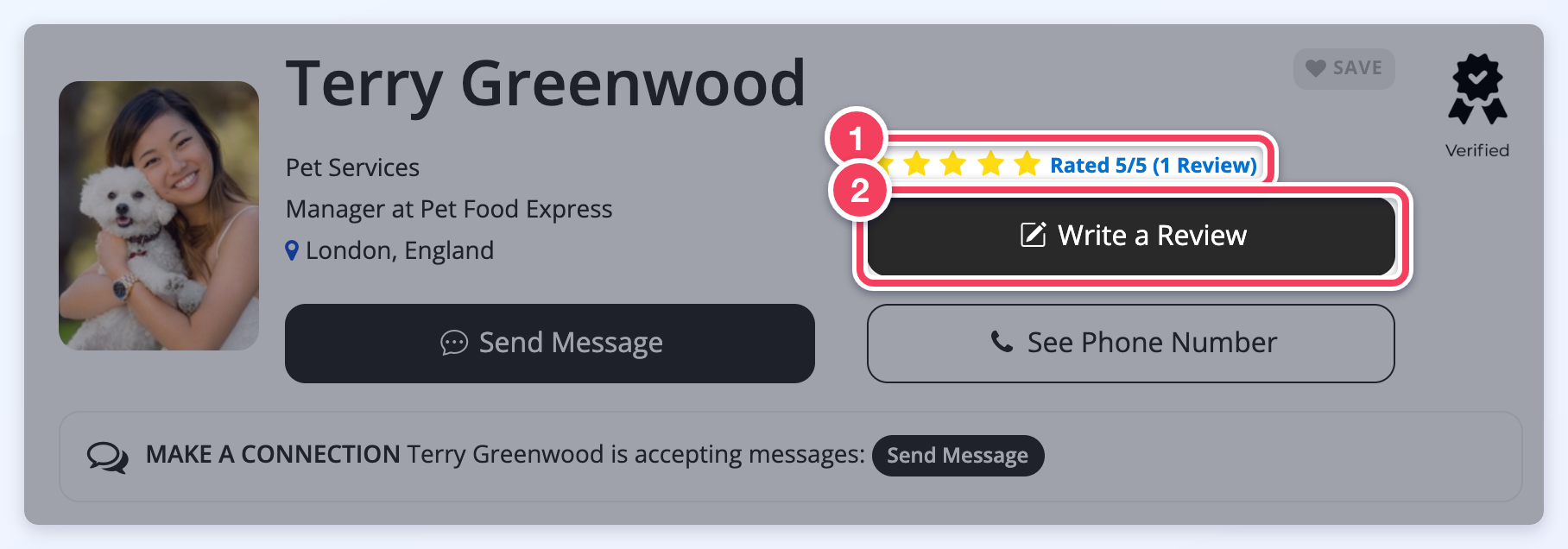 Member profile with the star rating link (1) and the Write a Review button (2).