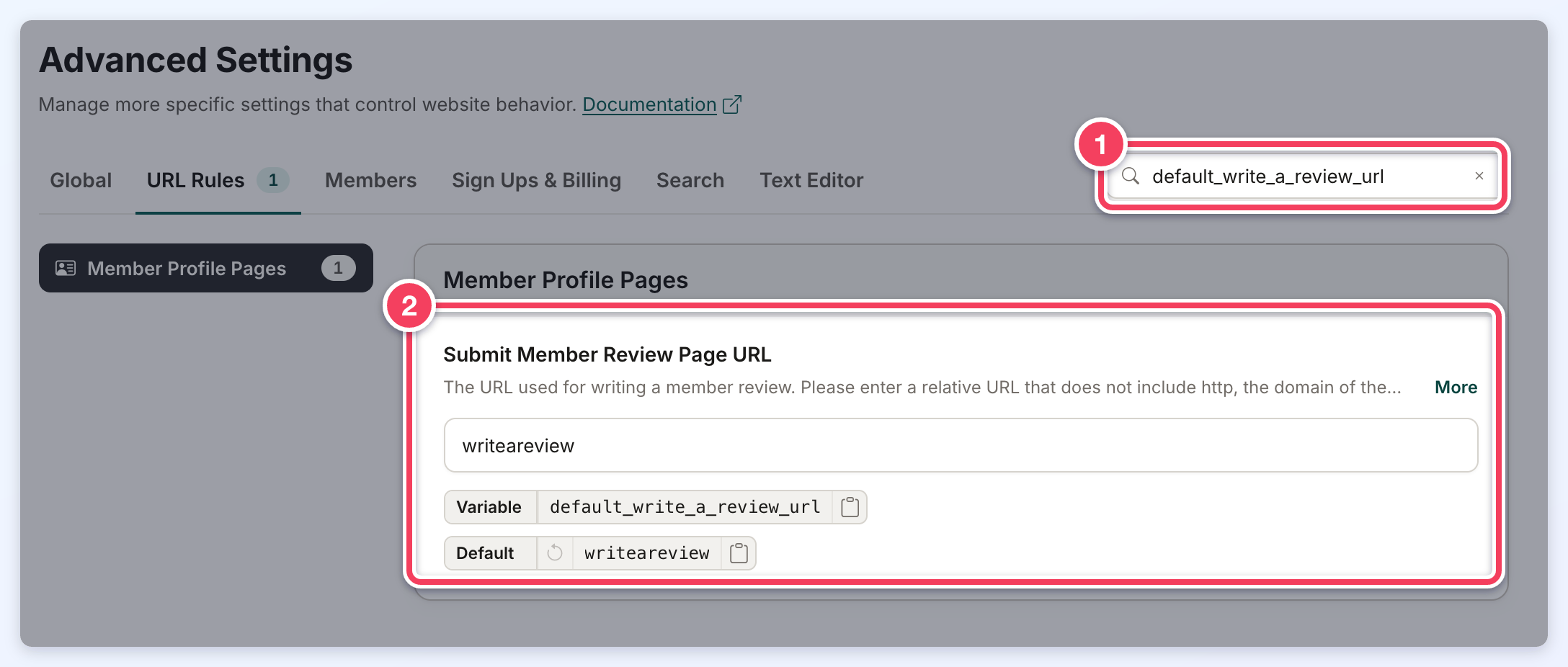 Advanced Settings searched for default_write_a_review_url (1), showing the Submit Member Review Page URL setting (2).
