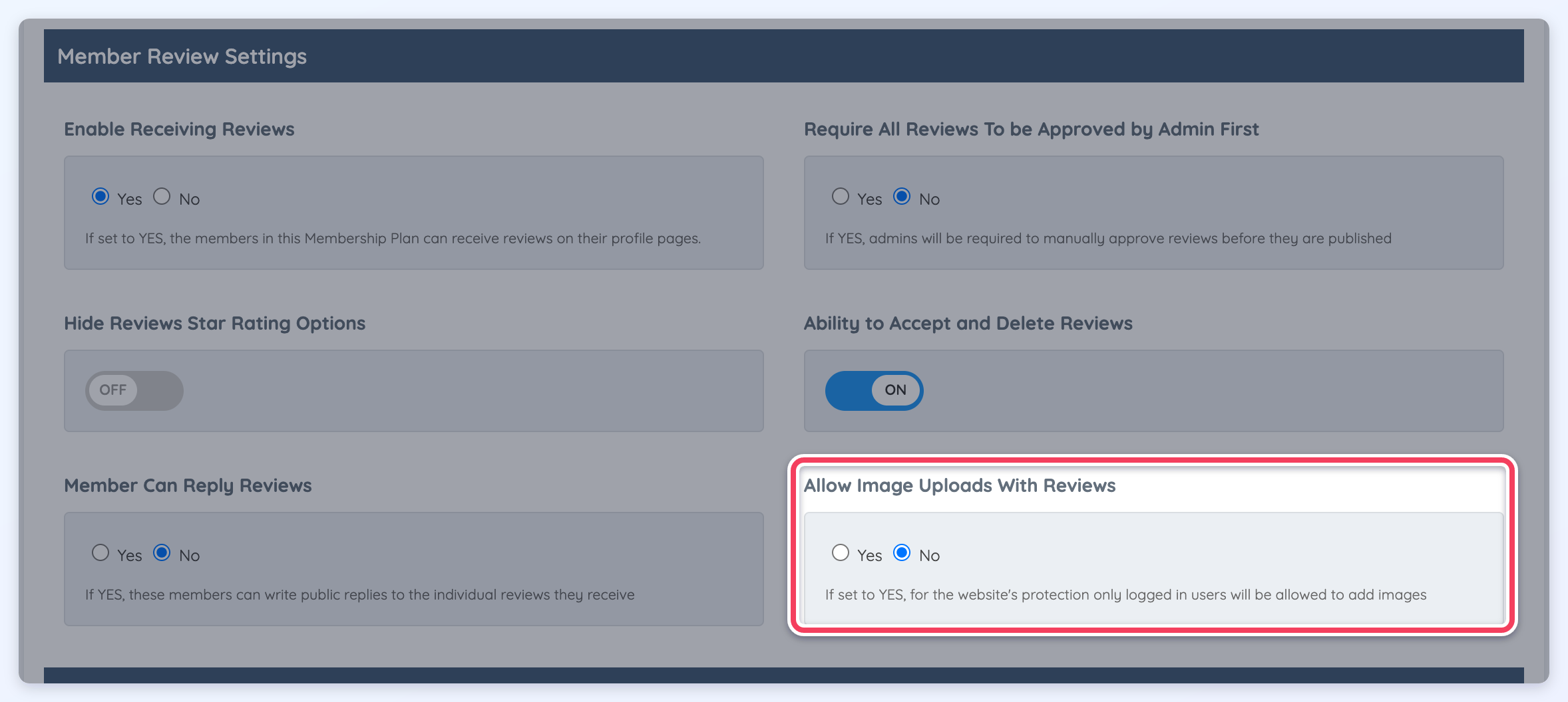 Membership plan Profile Page tab with the Allow Image Uploads With Reviews setting highlighted.