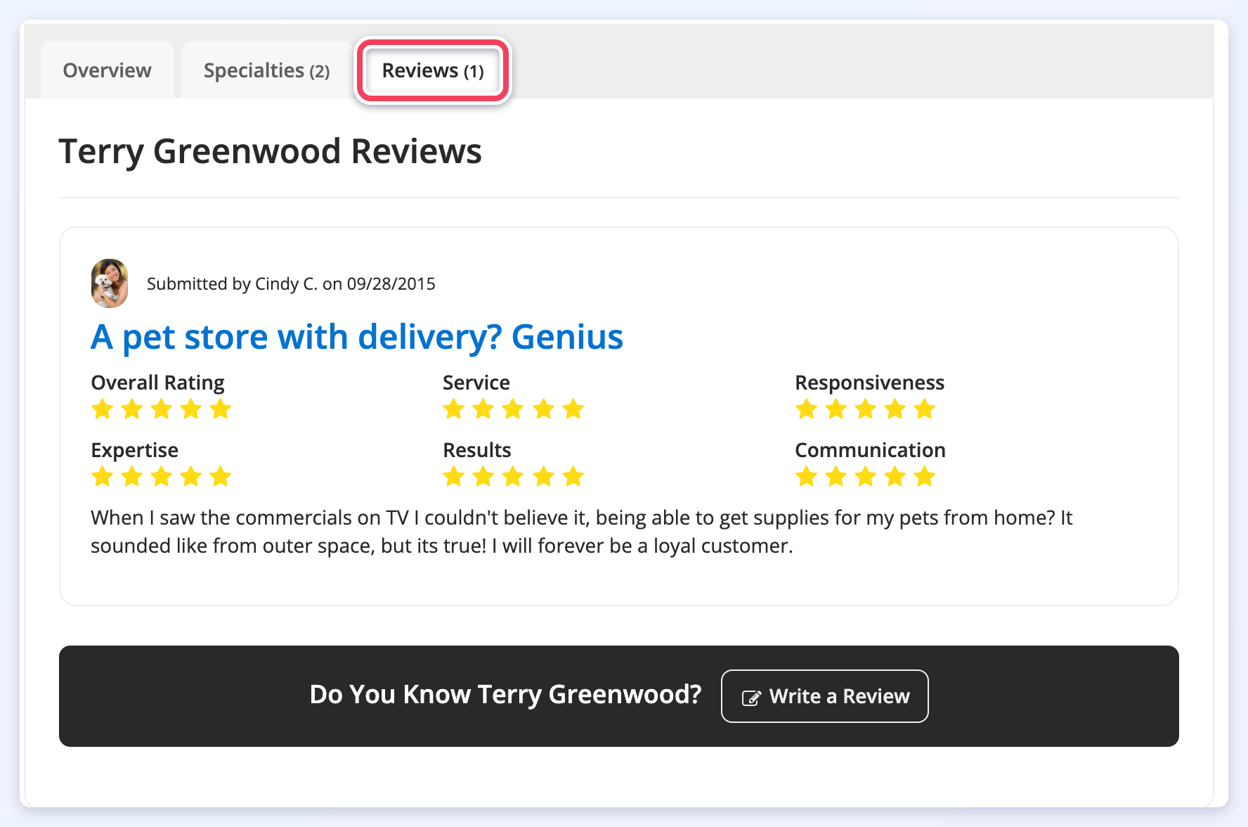 The Reviews tab of a member profile showing an accepted review and its ratings.