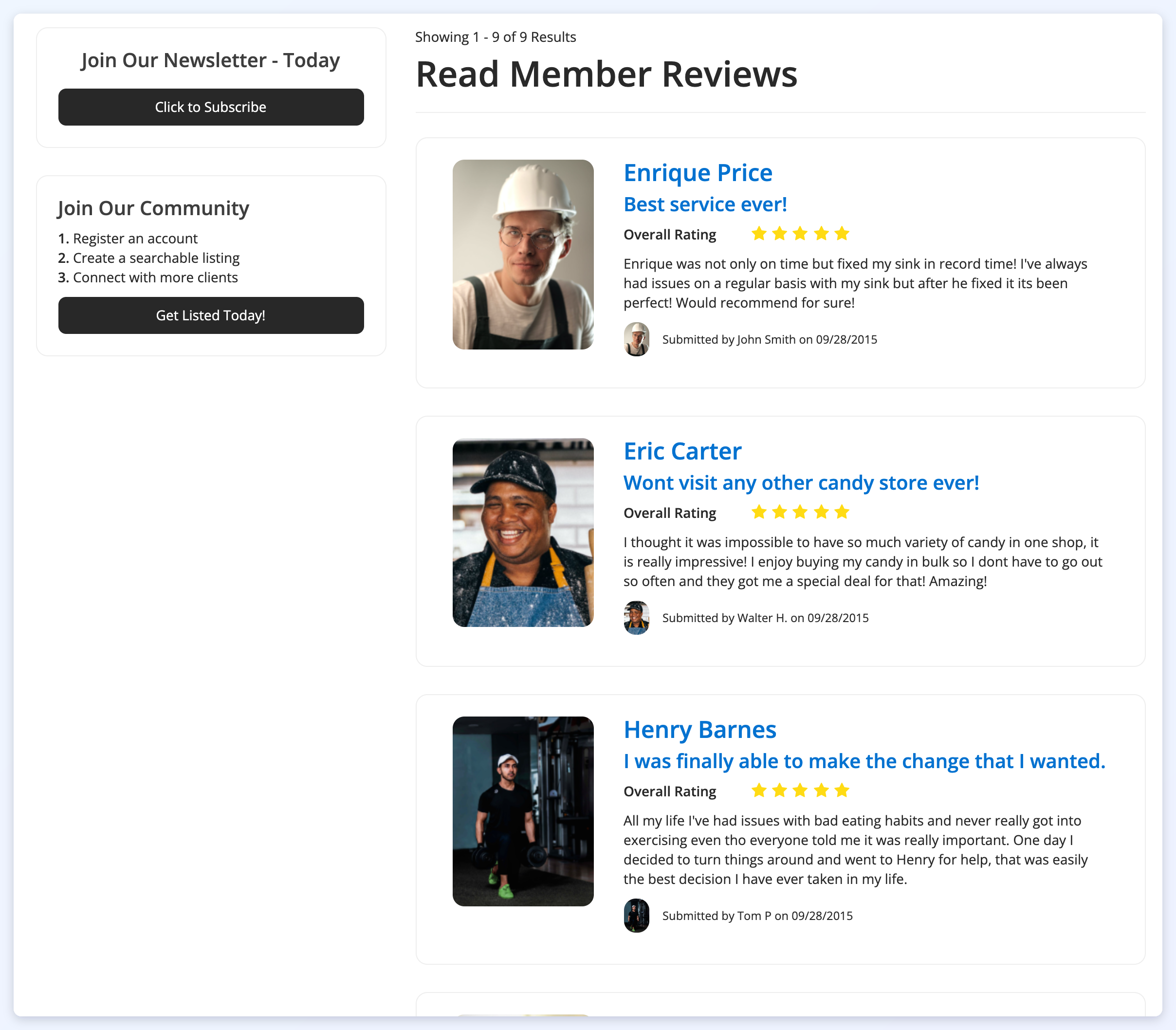 The /reviews page titled Read Member Reviews listing published reviews.
