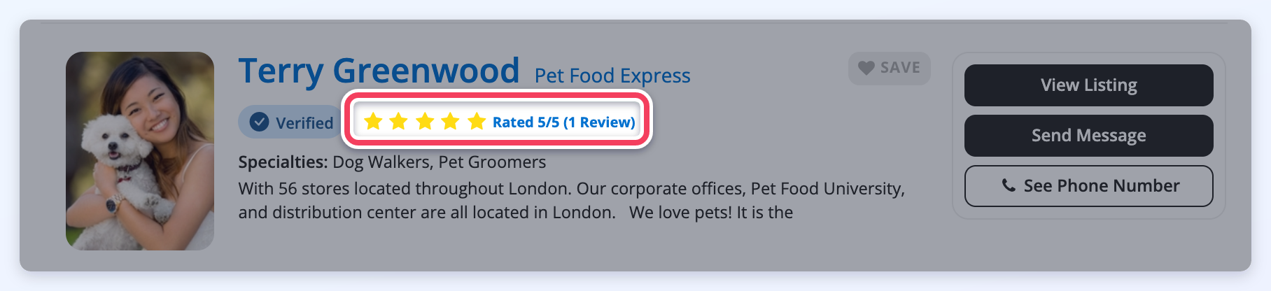 A member in search results with the Rated 5/5 (1 Review) link highlighted.
