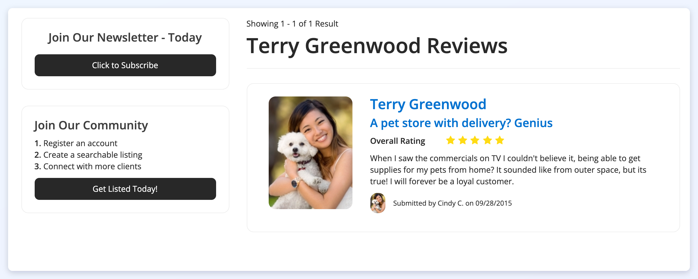 The page listing every review of one member, titled Terry Greenwood Reviews.