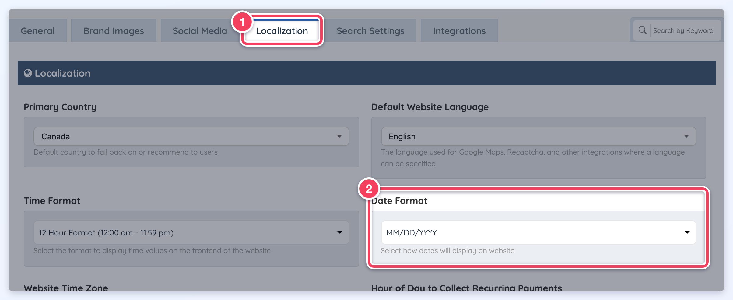 General Settings Localization tab (1) with the Date Format setting highlighted (2).