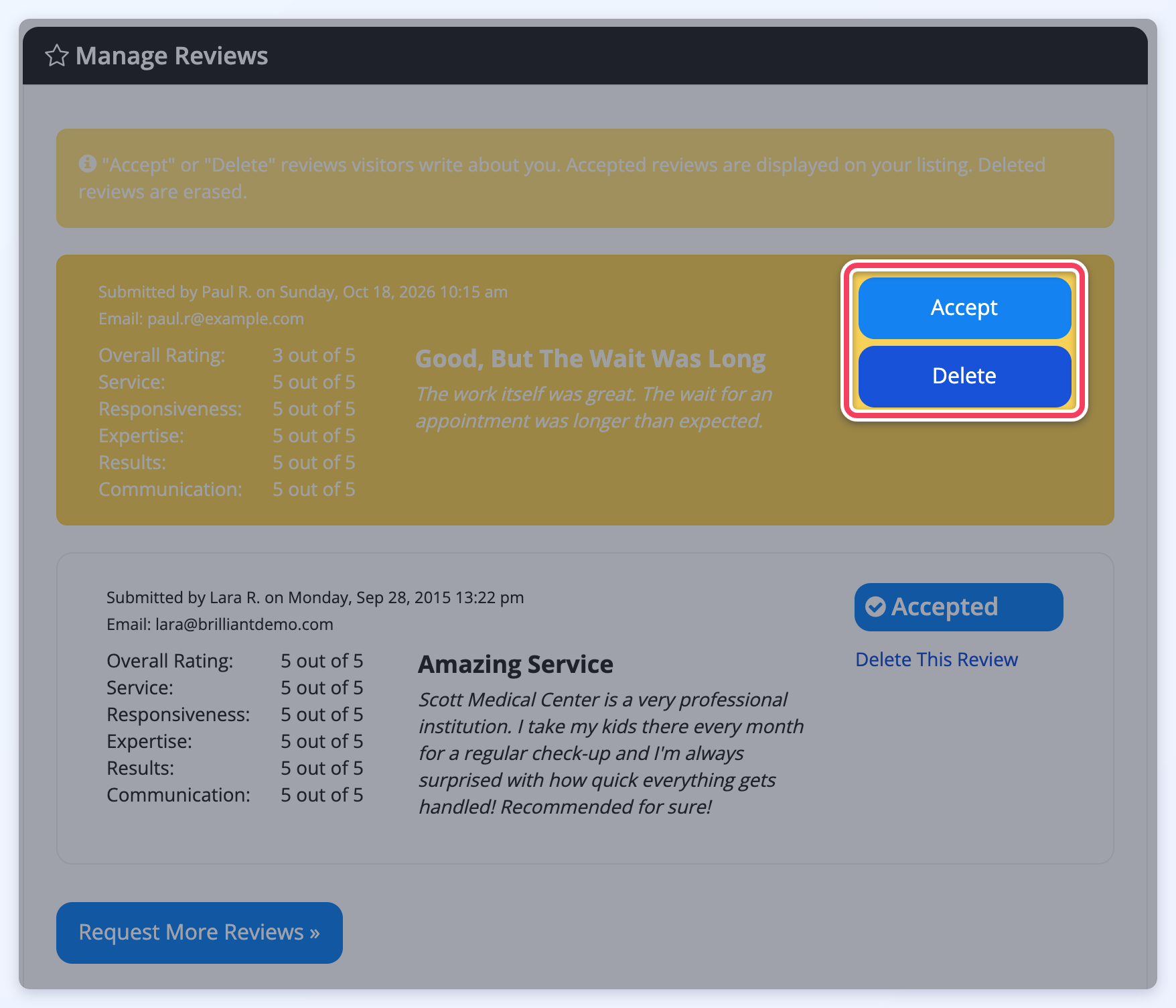 Member dashboard Manage Reviews page with the Accept and Delete buttons on a new review.