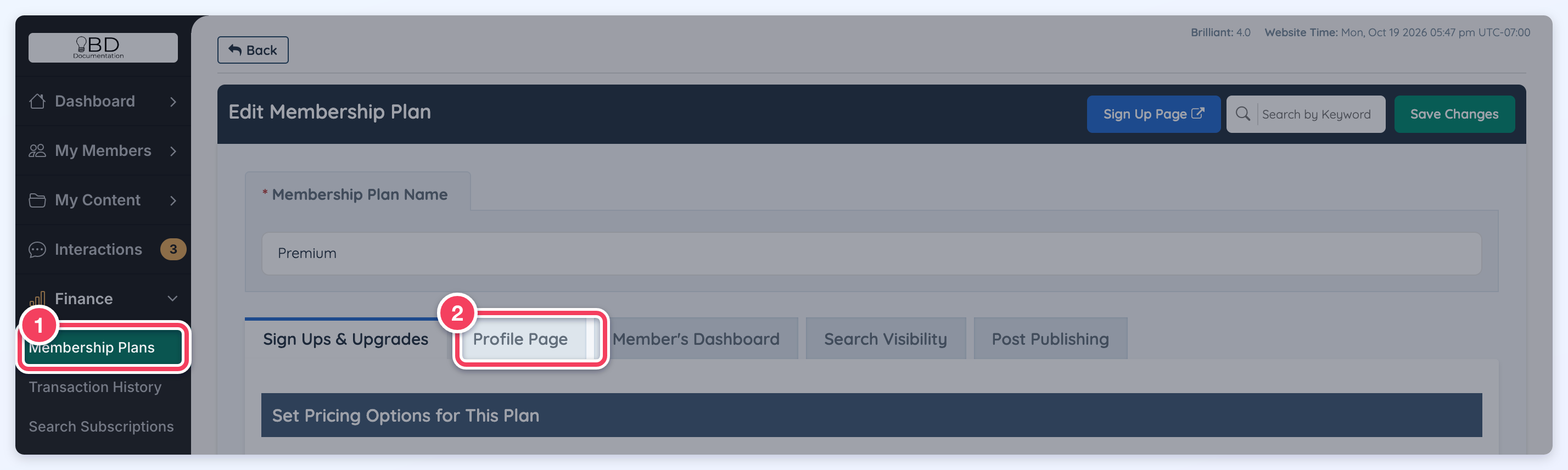 Edit Membership Plan page with Finance Membership Plans in the menu (1) and the Profile Page tab (2).