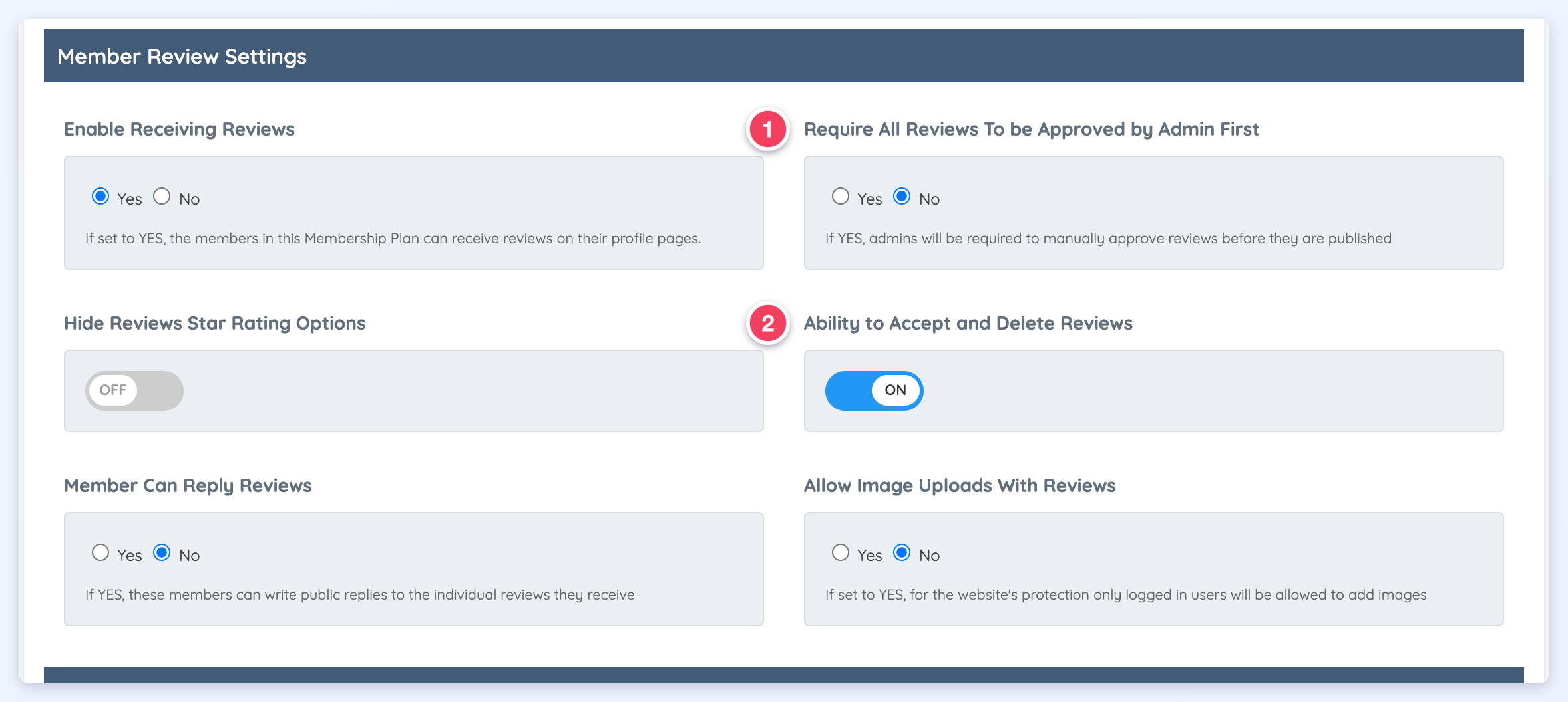 Member Review Settings on the plan with Require All Reviews To be Approved by Admin First (1) and Ability to Accept and Delete Reviews (2).