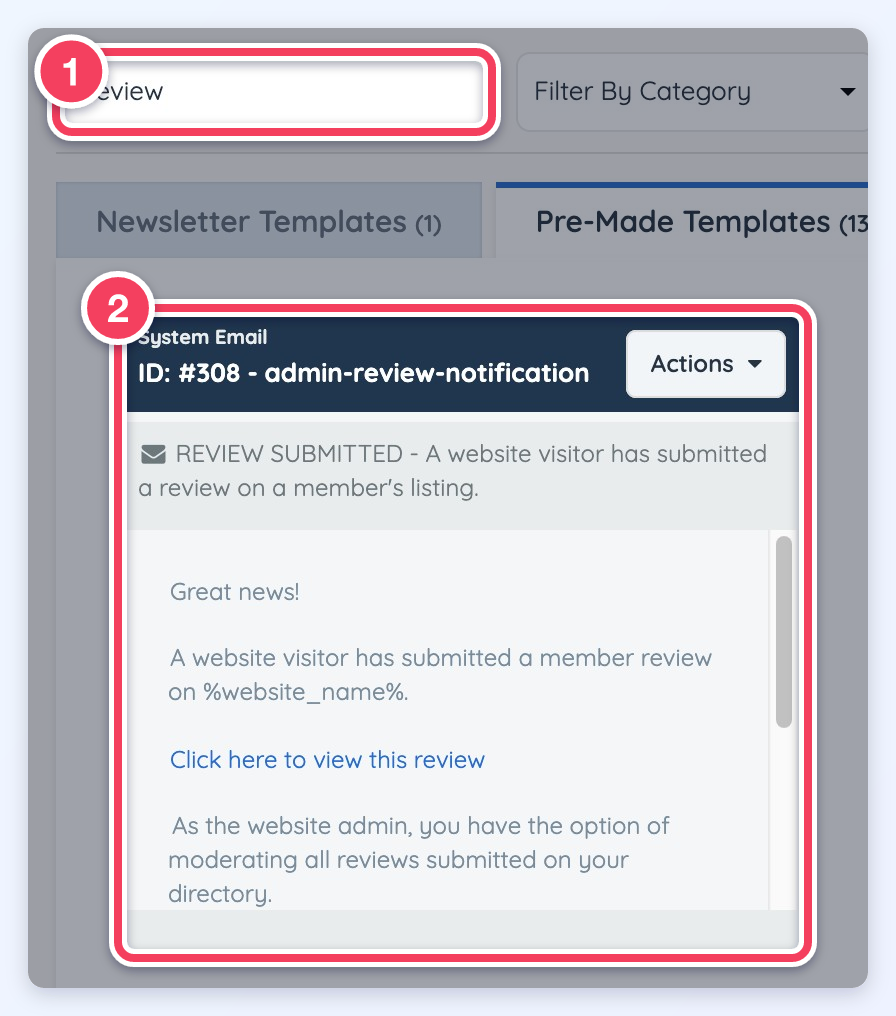 Email Templates filtered by the keyword review (1), showing the admin-review-notification template (2).