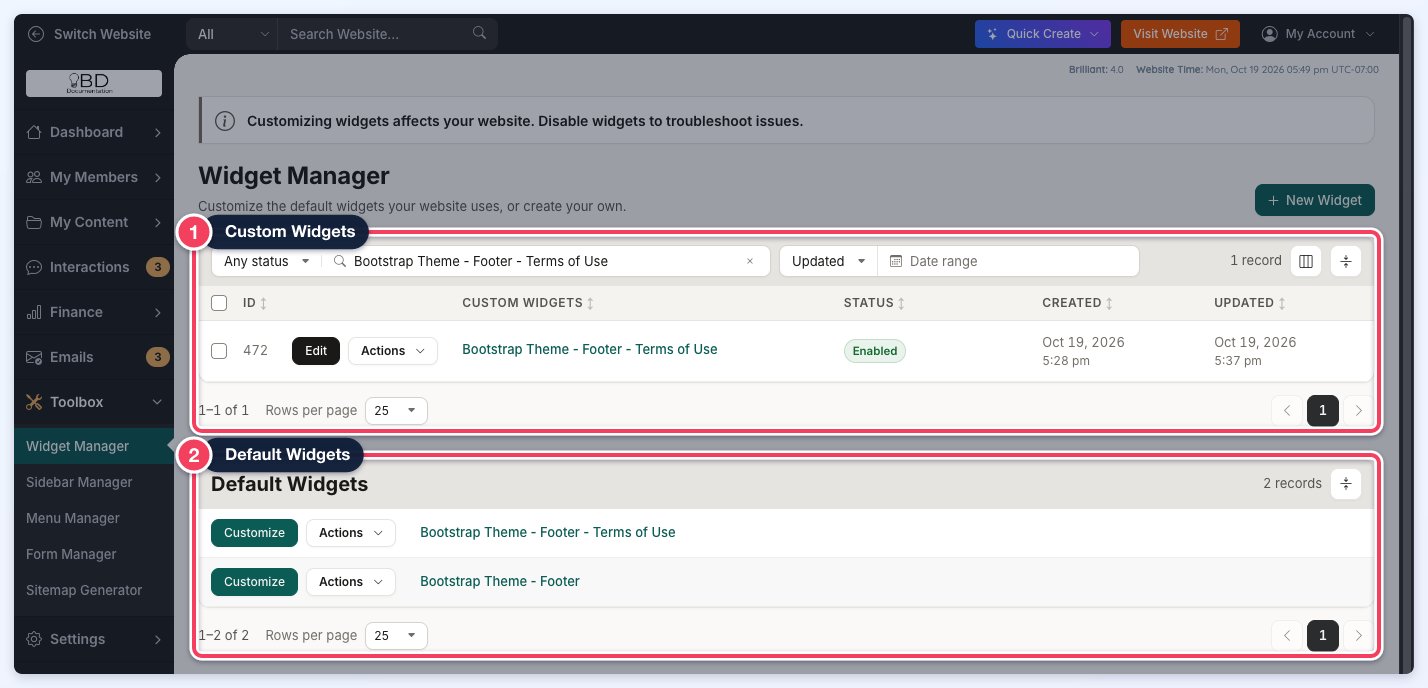Toolbox » Widget Manager with the Custom Widgets table and the Default Widgets table each outlined, filtered by a search for one widget name.