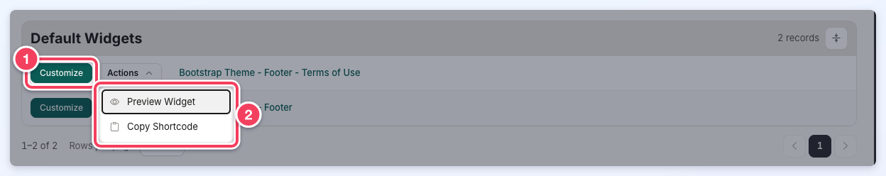 A Default Widgets row with the Customize button outlined and its Actions menu open, showing Preview Widget and Copy Shortcode.