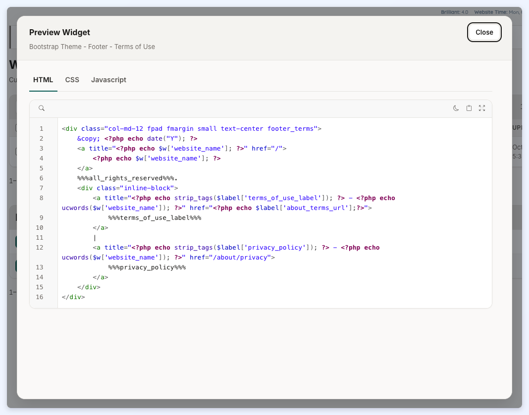 The Preview Widget popup showing a Default widget's HTML code read only, with HTML, CSS and Javascript tabs and a Close button.