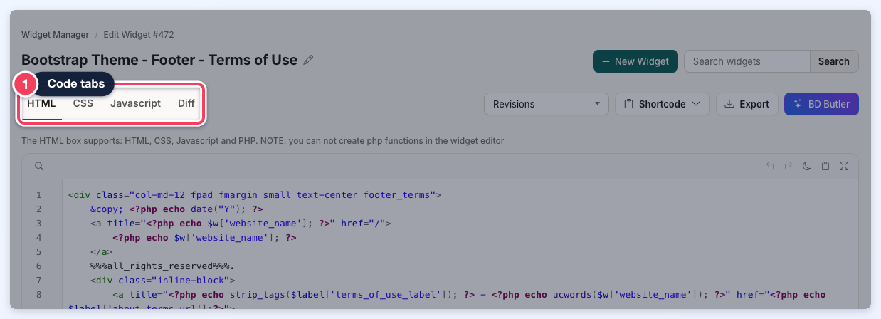 The widget editor for a custom widget with the HTML, CSS, Javascript and Diff tabs outlined.