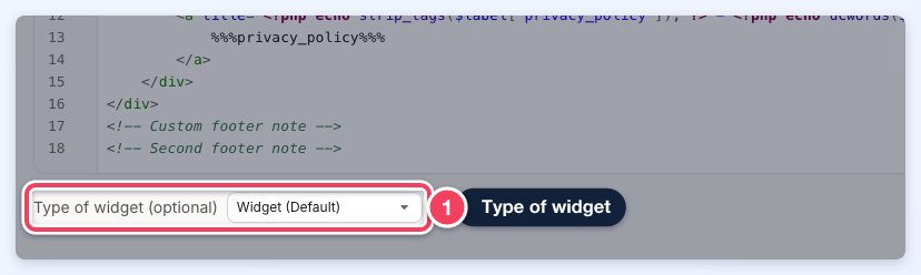 The Type of widget (optional) dropdown below the widget code, set to Widget (Default).