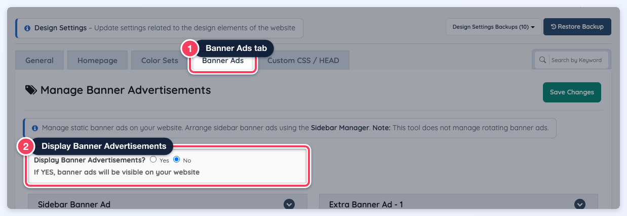 Design Settings with the Banner Ads tab and the Display Banner Advertisements? setting outlined.