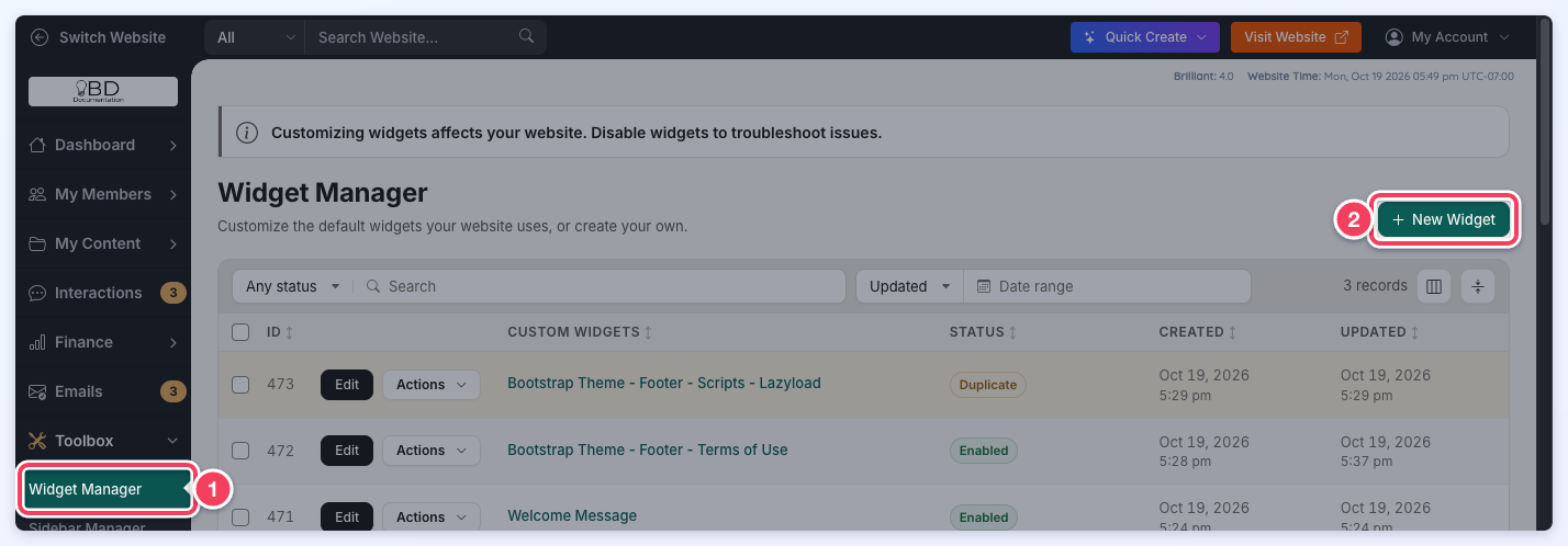 Widget Manager with Toolbox » Widget Manager in the menu and the New Widget button outlined.