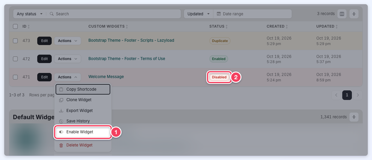 A disabled custom widget's Actions menu open with Enable Widget outlined and its Disabled status outlined.
