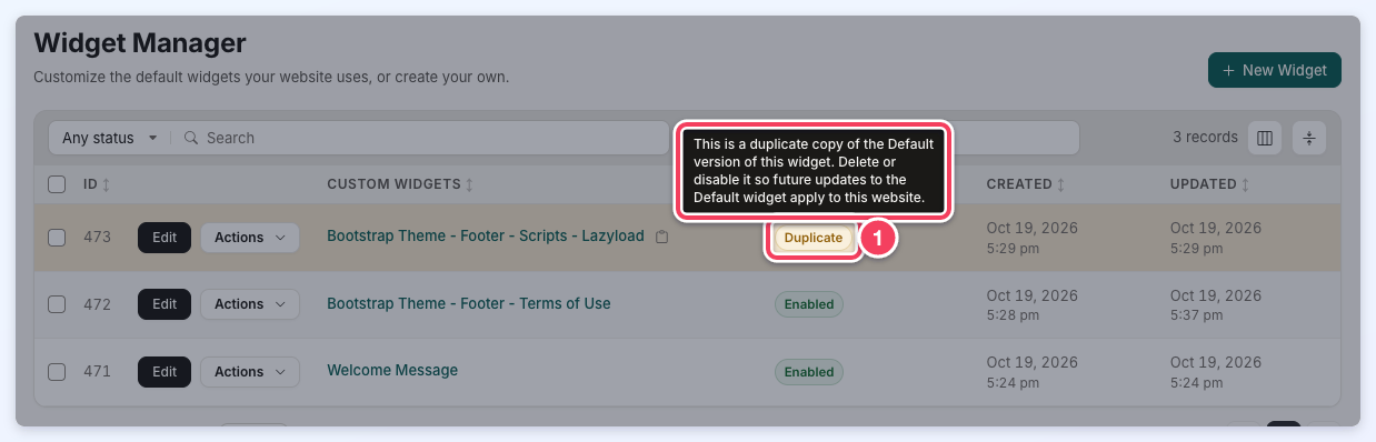 A custom widget with the Duplicate status outlined and its tooltip explaining that the copy blocks updates to the Default widget.