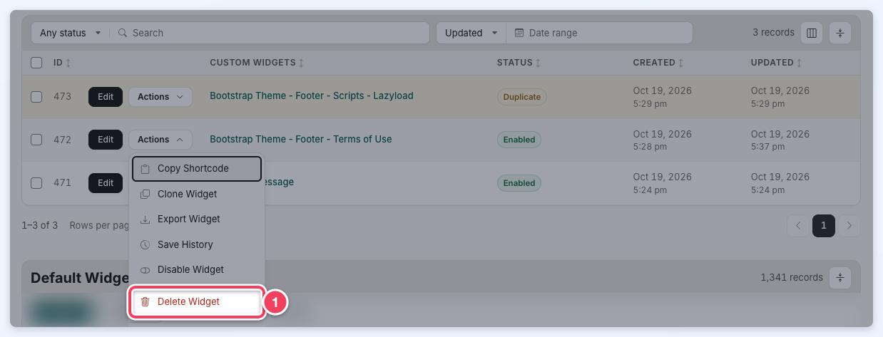 A custom widget's Actions menu open with Delete Widget outlined.