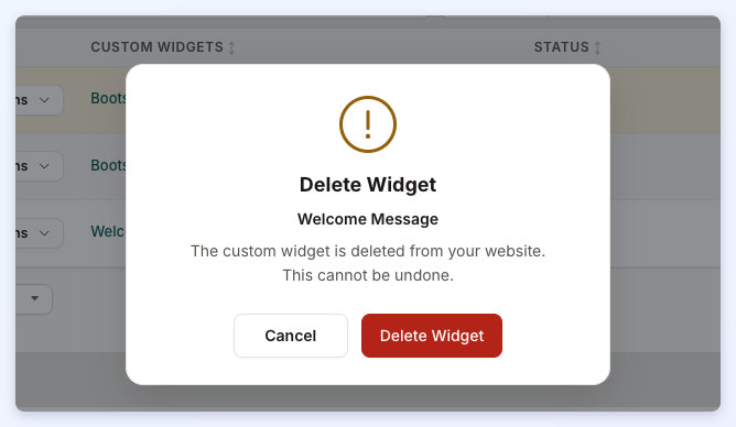 The Delete Widget confirmation pop-up naming the widget and warning that the deletion cannot be undone, with Cancel and Delete Widget buttons.