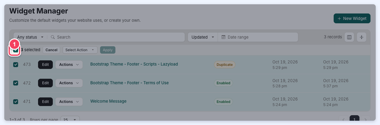 The Custom Widgets table with the header checkbox outlined and every widget on the page selected.