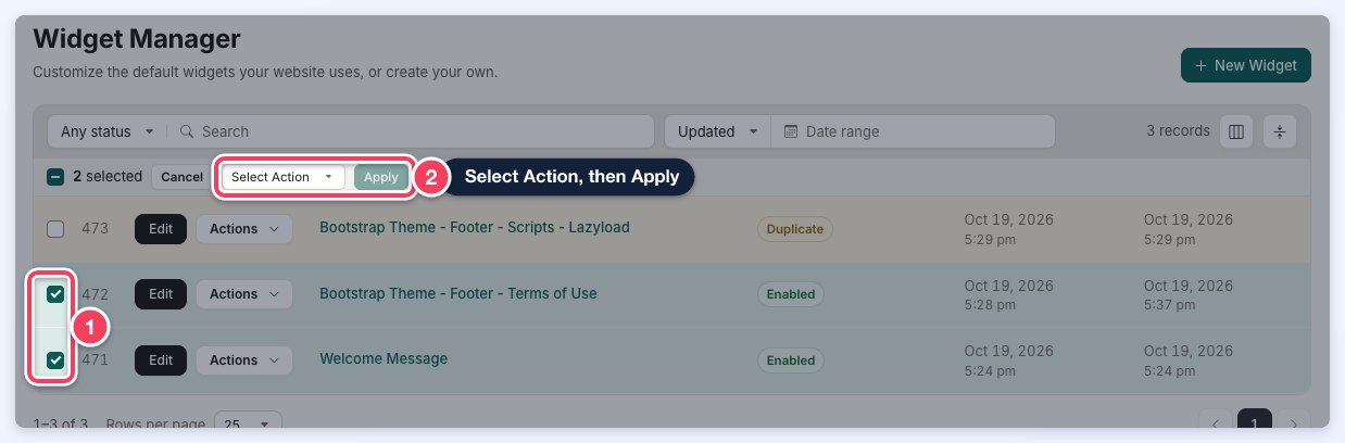 Two custom widgets ticked, with the bulk bar showing 2 selected and the Select Action dropdown and Apply button outlined.