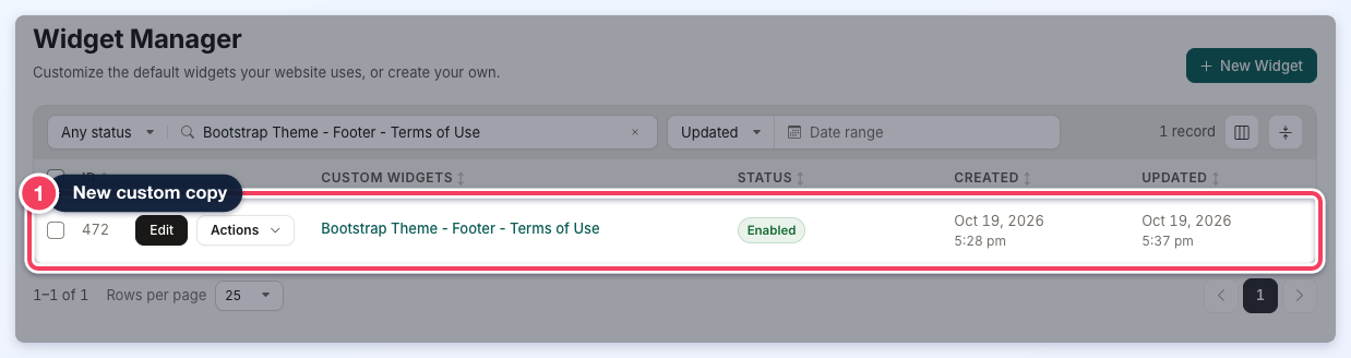 The Custom Widgets table with the new custom copy of Bootstrap Theme - Footer - Terms of Use outlined.