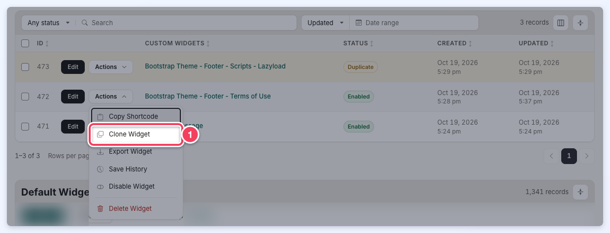 A custom widget's Actions menu open with Clone Widget outlined.