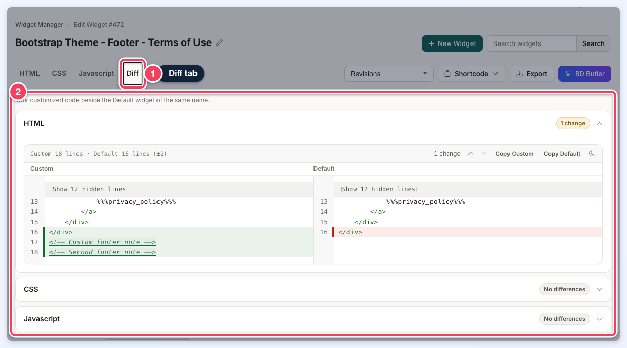 The Diff tab of a custom widget comparing its code with the Default widget, with the changed lines highlighted.