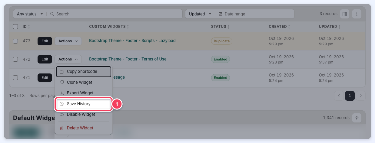 A custom widget's Actions menu open with Save History outlined.