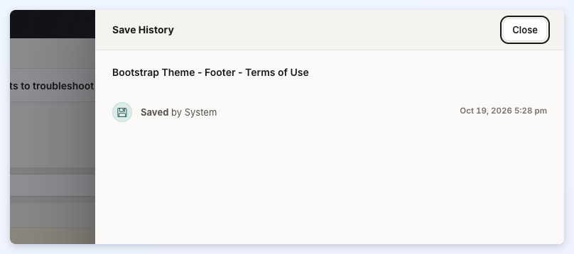The Save History panel for a custom widget, listing a save with the admin and the time.