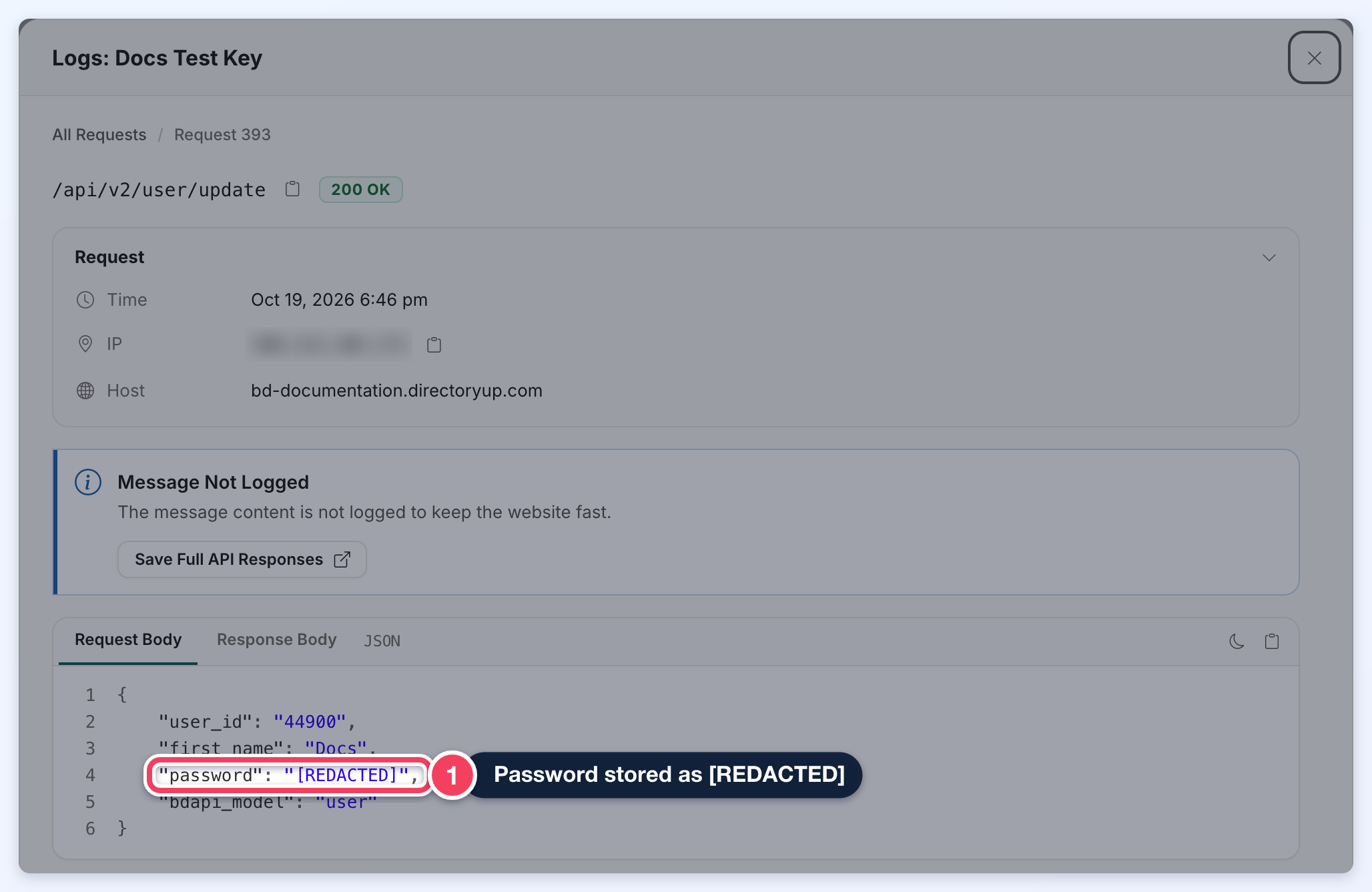 API log request details for a /api/v2/user/update call whose Request Body shows the password field stored as [REDACTED] (1); the IP is blurred.