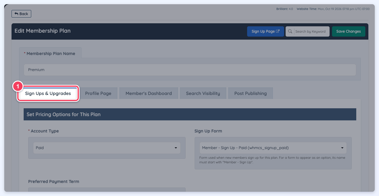 The Edit Membership Plan page for the Premium plan with the Sign Ups & Upgrades tab (1) selected.
