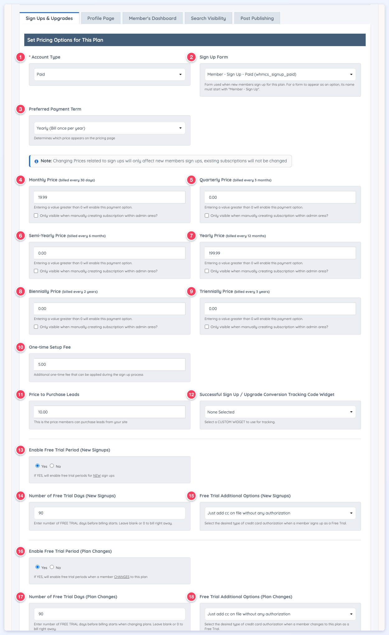 The Set Pricing Options for This Plan group with its 18 settings numbered, Account Type (1) followed by Sign Up Form (2).