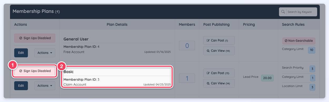 The Membership Plans list, where the Basic Claim Account plan (2) shows Sign Ups Disabled (1).