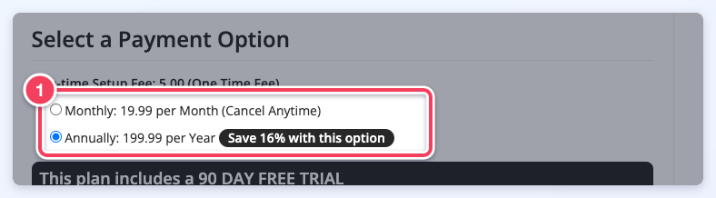The checkout page's payment options (1), with Annually pre-selected as the plan's Preferred Payment Term.