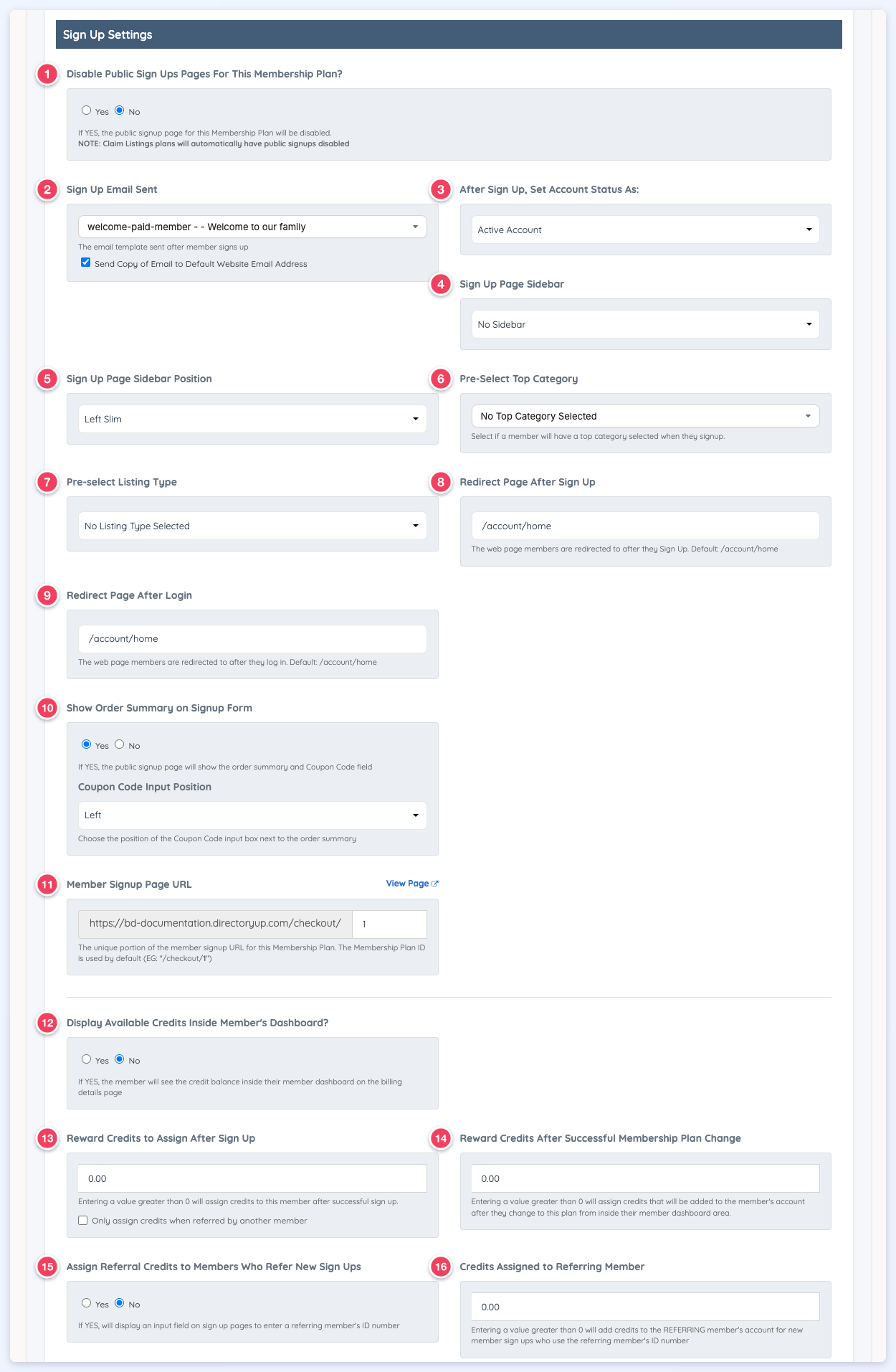 The Sign Up Settings group with its 16 settings numbered, from Disable Public Sign Ups Pages (1) to Credits Assigned to Referring Member (16).