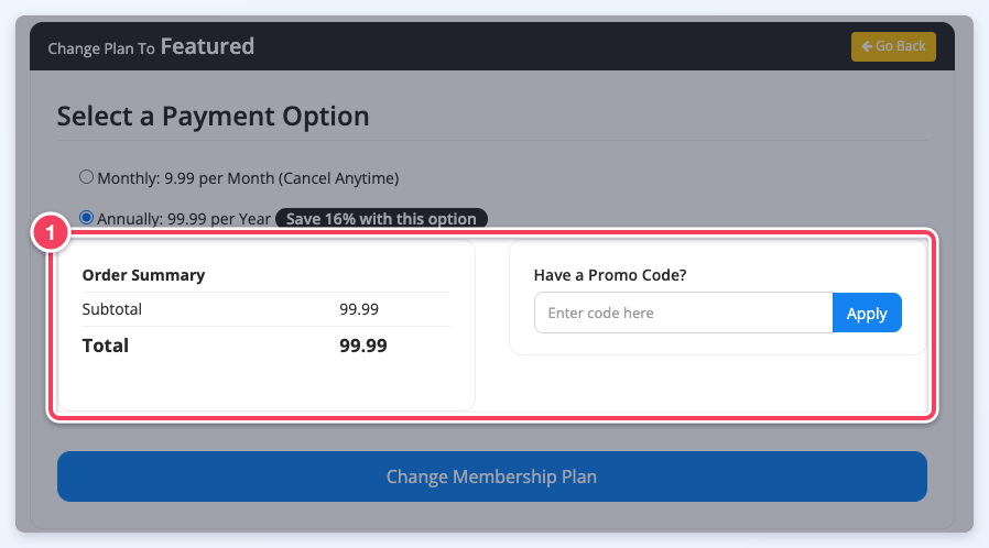 The member upgrade page for the Featured plan, showing the Order Summary and the Have a Promo Code? field (1).