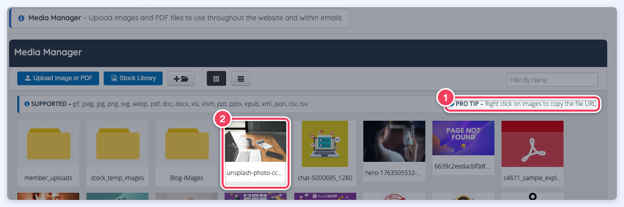 The Media Manager with the PRO TIP (1) about right-clicking an image (2) to copy its file URL.