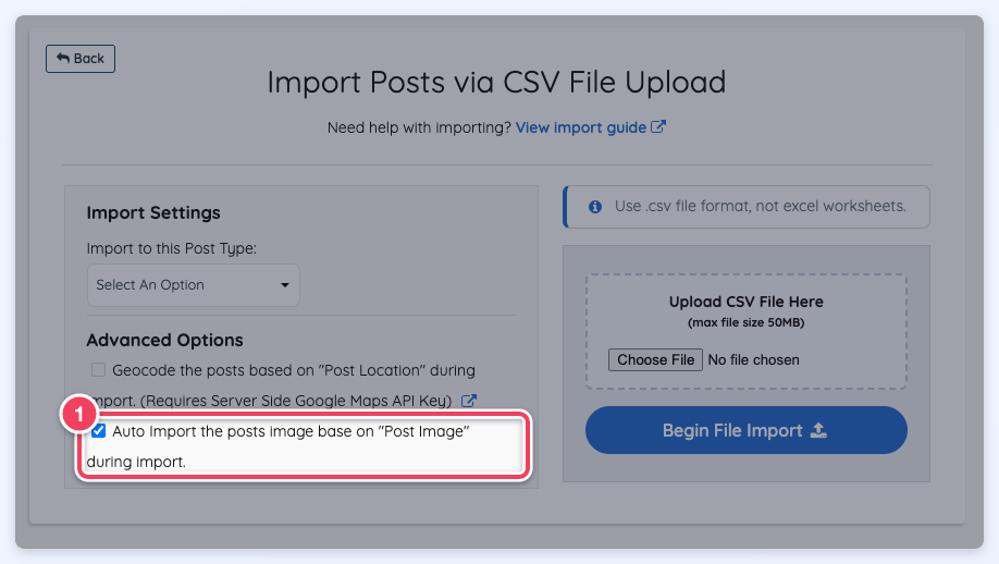 The Import Posts via CSV File Upload page with the Auto Import the posts image base on Post Image during import option (1) ticked.