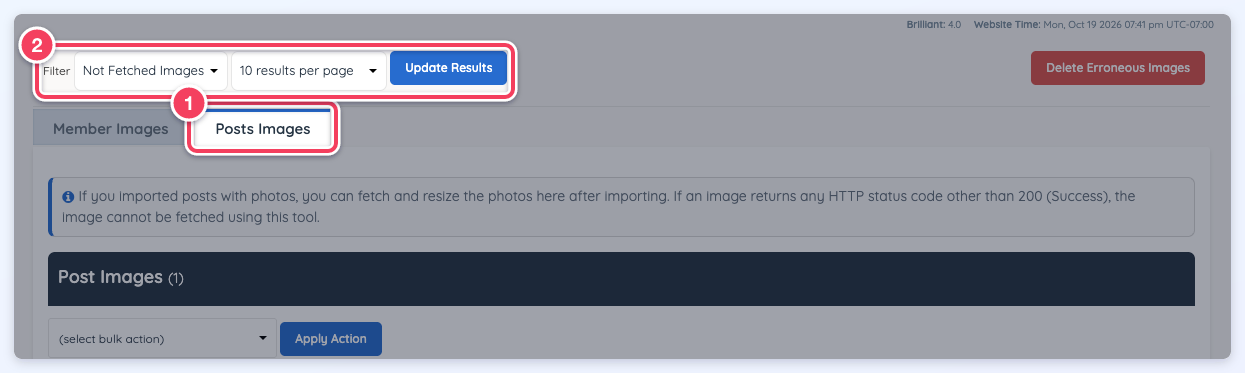 My Members » Member Images with the Posts Images tab (1) open and the filter, results per page and Update Results controls (2).