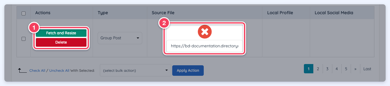 A photo whose download failed on the Posts Images tab: a red error icon in place of the source image (2) and its Fetch and Resize and Delete buttons (1).