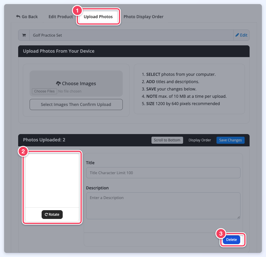 A product's Upload Photos tab (1) showing the empty photo as a blank tile (2) with its Delete button (3).