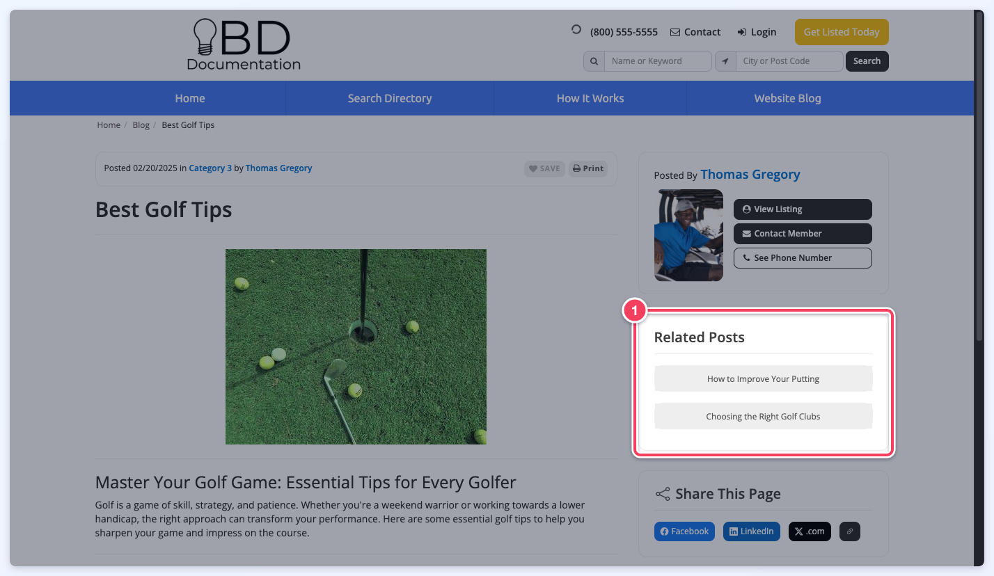 A blog post page with the Related Posts box (1) in the sidebar listing two related posts.
