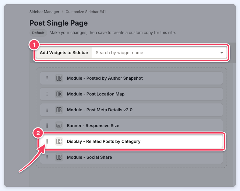 The Post Single Page sidebar in Sidebar Manager with Add Widgets to Sidebar (1) and the Display - Related Posts by Category widget (2) with its drag handle.