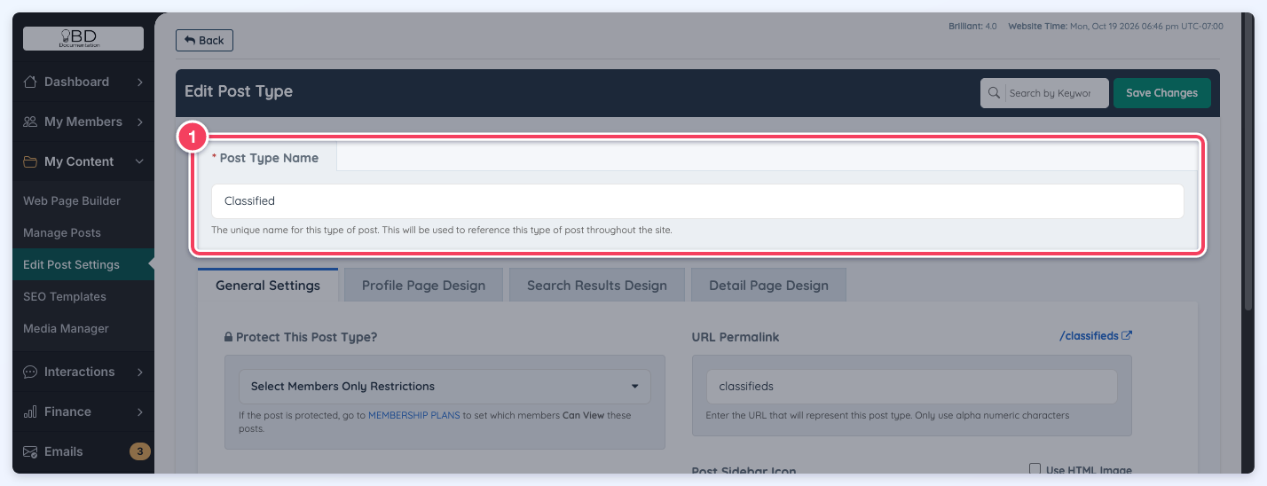 The Edit Post Type page with the Post Type Name field (1) set to Classified.