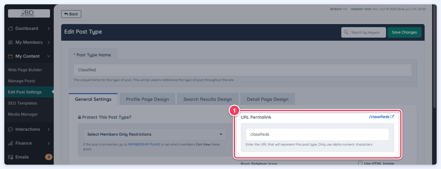 The General Settings tab with the URL Permalink field (1) set to classifieds.