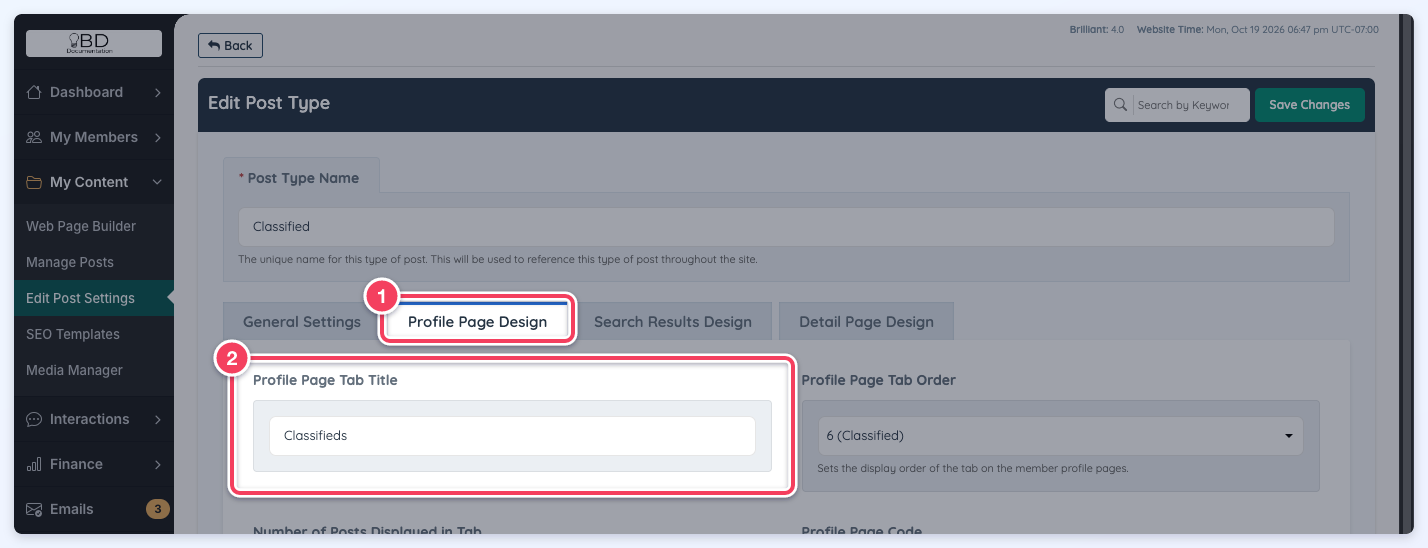 The Profile Page Design tab (1) with the Profile Page Tab Title field (2).